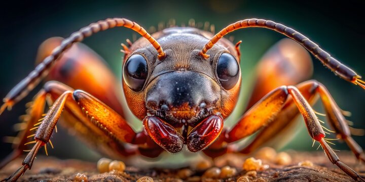Ultra macro ant portrait shot, detailed close-up image of ant's face and trunk.