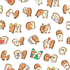 Funny couple bread cartoon characters. Seamless pattern. Cute kawaii bakery friends. Hand drawn style. Vector drawing. Design ornaments.