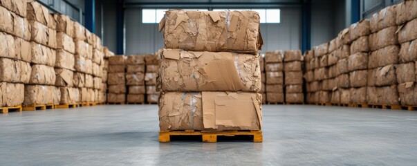 Obraz premium Warehouse filled with recycled paper bales prepared for recycling process, emphasizing efficient waste management and storage.
