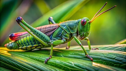 Fototapeta premium Vibrant green grasshopper with intricate details and large compound eyes perches gently on a fresh, curved green leaf, showcasing nature's beauty and serenity.