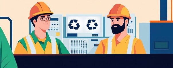 Workers monitoring a control panel in a high-tech recycling center, digital displays and data analytics, recycling factory, smart waste management