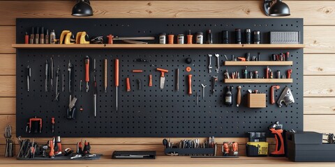 Versatile Wooden Pegboard: Customizable Storage Solution for Garage Organization and Tool Display. Efficient and Aesthetic Workshop Management System Enhances Productivity and Visual Appeal in Home Im