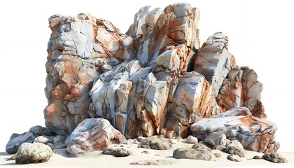 Isolated rocky cliff with a sandy base and white background.