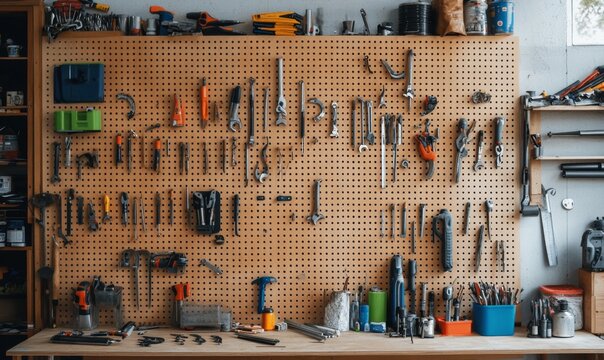 Versatile Wooden Pegboard: Customizable Storage Solution for Garage Organization and Tool Display. Efficient and Aesthetic Workshop Management System Enhances Productivity and Visual Appeal in Home Im
