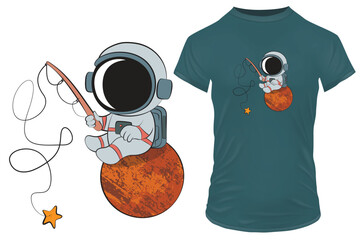 Cute astronaut fishing in space catching stars with fishing rod. Vector illustration for tshirt, website, clip art, poster and print on demand merchandise.
