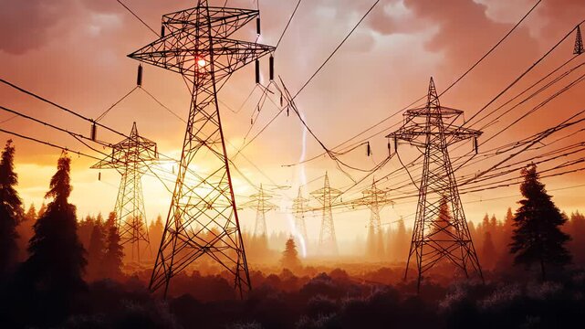Electricity transmission towers with orange glowing wires the starry night sky. Energy infrastructure concept, energy, electricity, voltage, supply