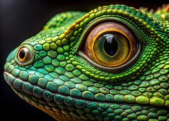 Fototapeta premium Vibrant green lizard eye with intricate scales and golden flecks, set against a dark background, showcasing incredible detail and textures in extreme close-up.