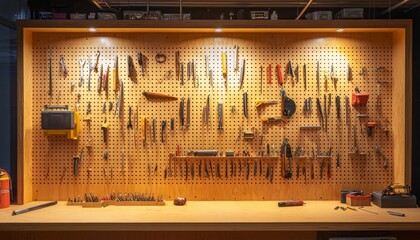 Versatile Wooden Pegboard: Customizable Storage Solution for Garage Organization and Tool Display. Efficient and Aesthetic Workshop Management System Enhances Productivity and Visual Appeal in Home Im
