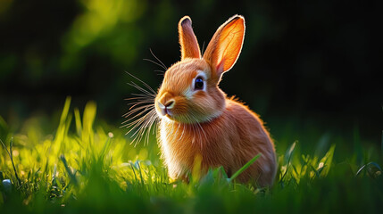 A rabbit is standing in a green field