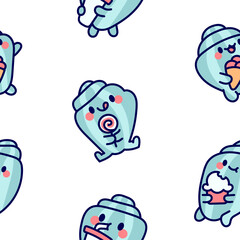Cartoon happy seashell face characters. Seamless pattern. Funny aquatic life. Hand drawn style. Vector drawing. Design ornaments.