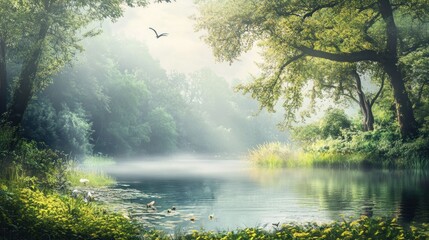 Fototapeta premium Tranquil River Scene With Misty Forest And Bird In Flight