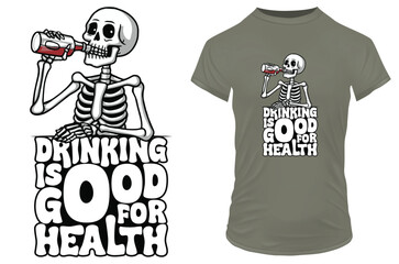 Addicted alcoholic skeleton drinking alcohol with a funny quote drinking is good for health. Vector illustration for tshirt, website, clip art, poster and print on demand merchandise.