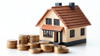 Real estate investment with A miniature house model surrounded by stacks of coins on a table, symbolizing real estate investment and financial growth,Concept for property ladder,Saving money.