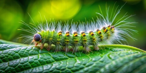 Naklejka premium A small, fuzzy caterpillar with bright green body and white stripes slowly crawls on a large, damp leaf in a lush, vibrant green forest background.
