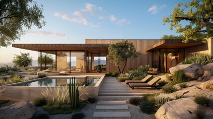 Fototapeta premium Modern luxury desert villa with a swimming pool and sun loungers surrounded by cacti and rocks.