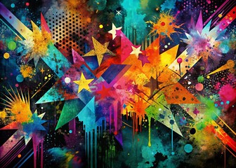 Obraz premium Vibrant abstract grunge illustration featuring distressed shapes, splattered paint, and torn paper textures, blended with bold brushstrokes and geometric patterns in dark background.