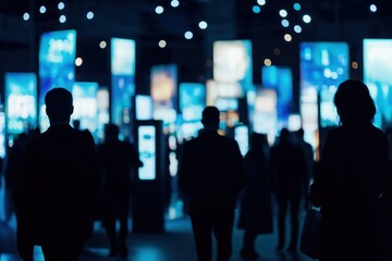 Naklejka premium Vibrant crowd at a business expo, with blurred movement and copy space emphasizing the dynamic environment.