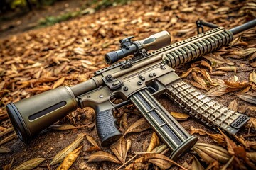 Obraz premium A highly detailed shot of a rifle lying on the ground, showcasing intricate design and textures, perfect for military, hunting, or law enforcement-related projects.