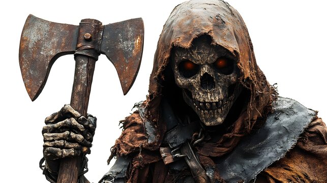 Skeleton executioner with a rusted axe, Halloween-themed mask, intricate textures, haunting atmosphere, isolated on white background