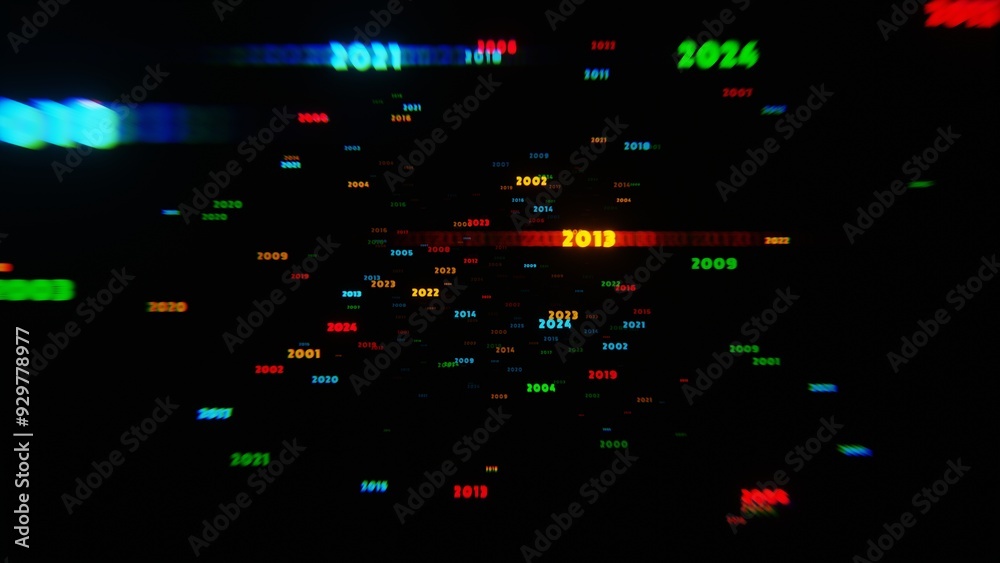 Poster neon year numbers in motion on a black background