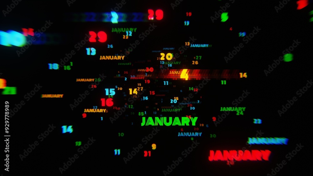 Poster january calendar dates in vibrant motion on black background
