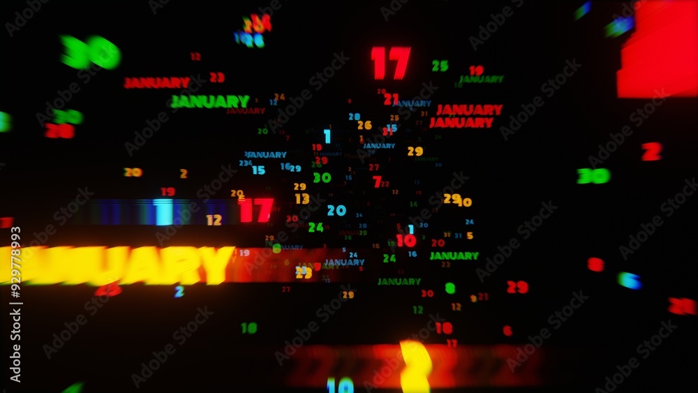 Poster january calendar dates in vibrant motion on black background