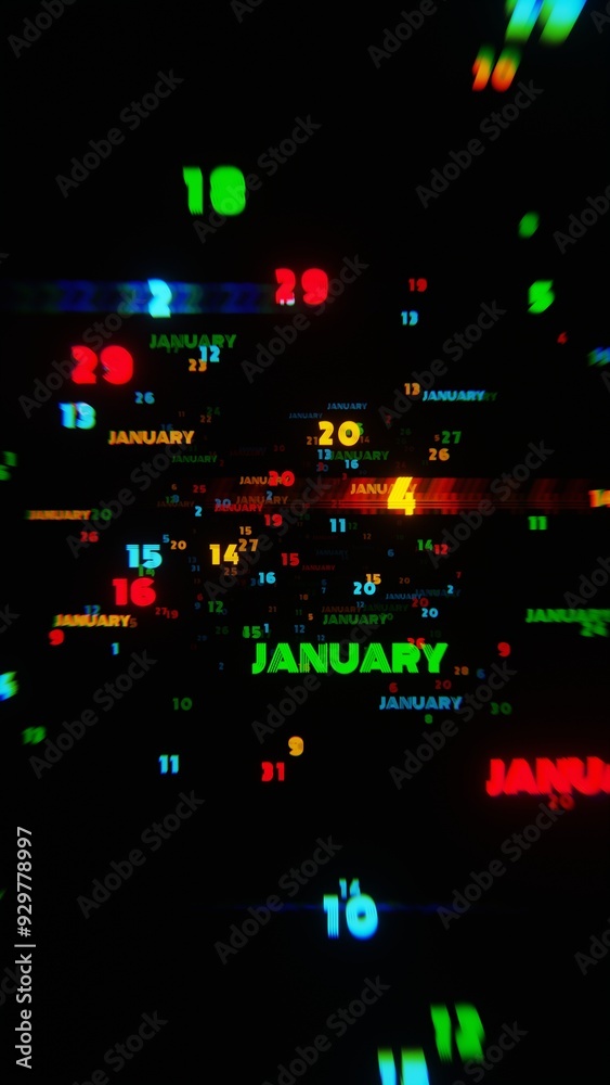 Poster january calendar dates in vibrant motion on black background