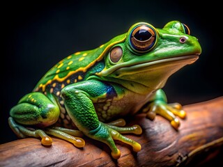 Vibrant green exotic frog showcases intricate skin texture and delicate features in stunning close-up, set against a dramatic dark backdrop.