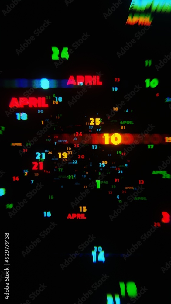 Poster april calendar dates in vibrant neon colors on dark background