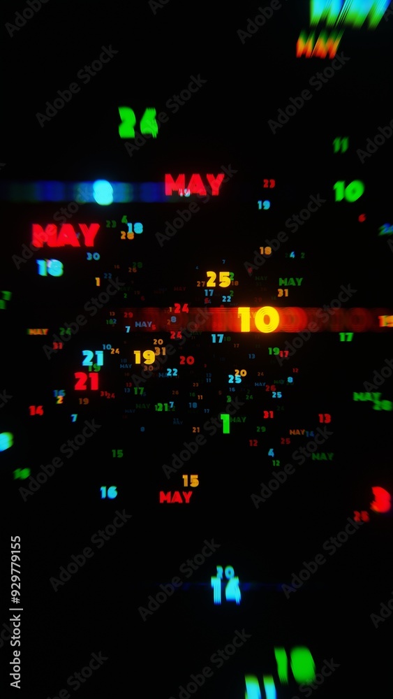 Poster may calendar dates in vibrant neon colors on dark background