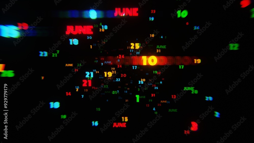 Poster june calendar dates in vibrant neon colors on dark background