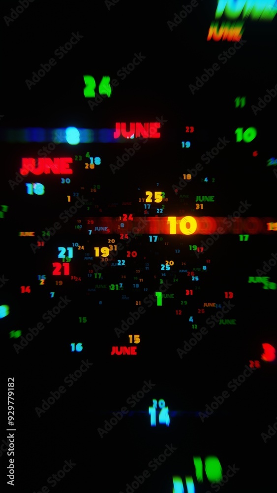 Poster june calendar dates in vibrant neon colors on dark background