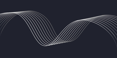 Abstract background design with wave line pattern. White and gray wavy lines isolated on black background. Horizontal vector template for business banner, formal backdrop