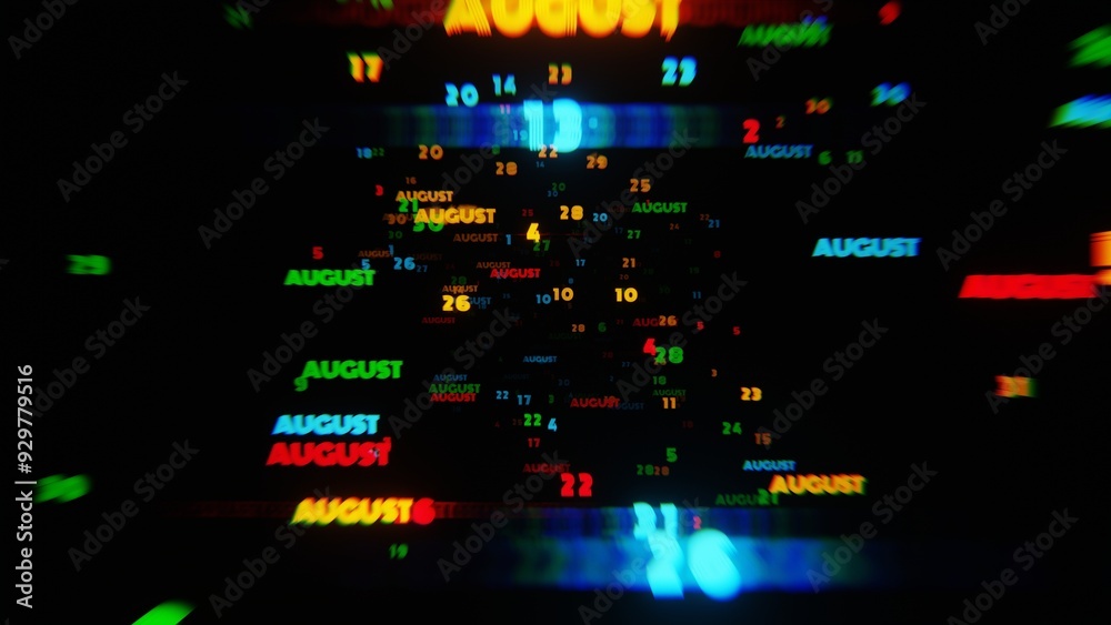 Poster august calendar dates in vibrant neon colors on dark background