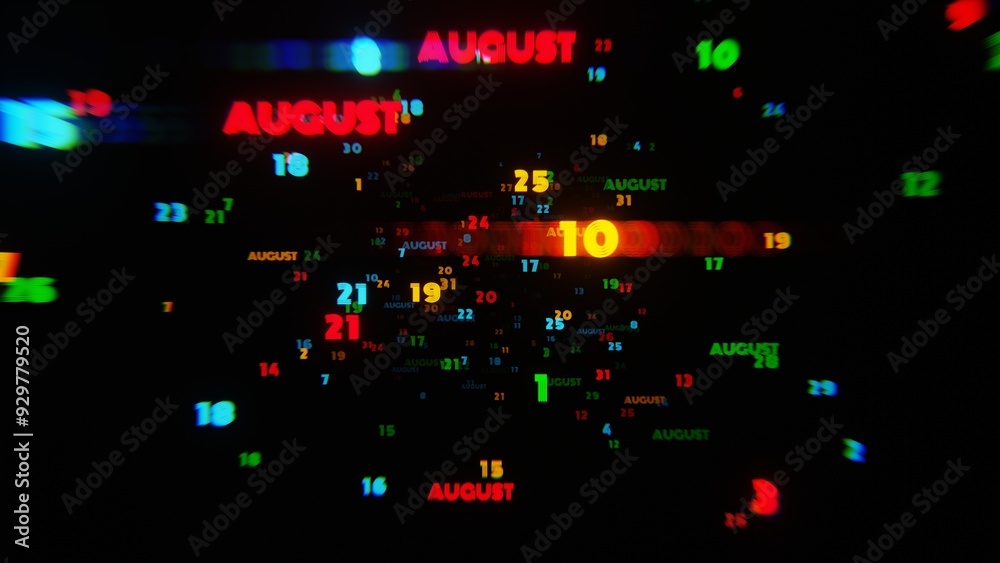 Poster august calendar dates in vibrant neon colors on dark background