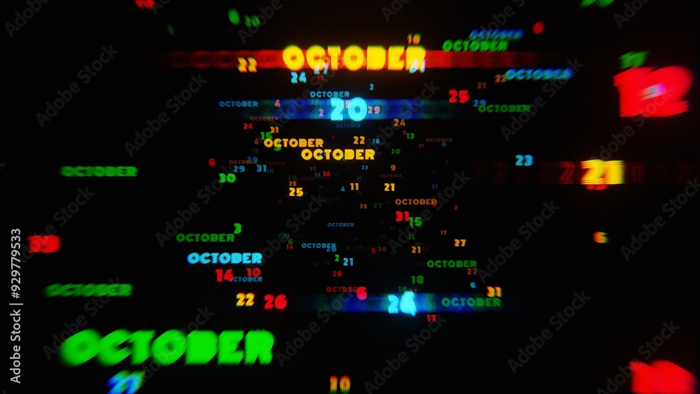 Aufkleber Abstract digital art with glowing text representing the month of October in striking neon colors on a dark background