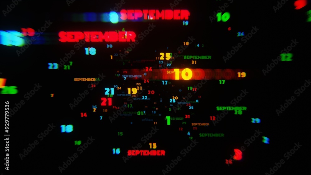 Poster abstract digital art with glowing text representing the month of september in vibrant neon colors on