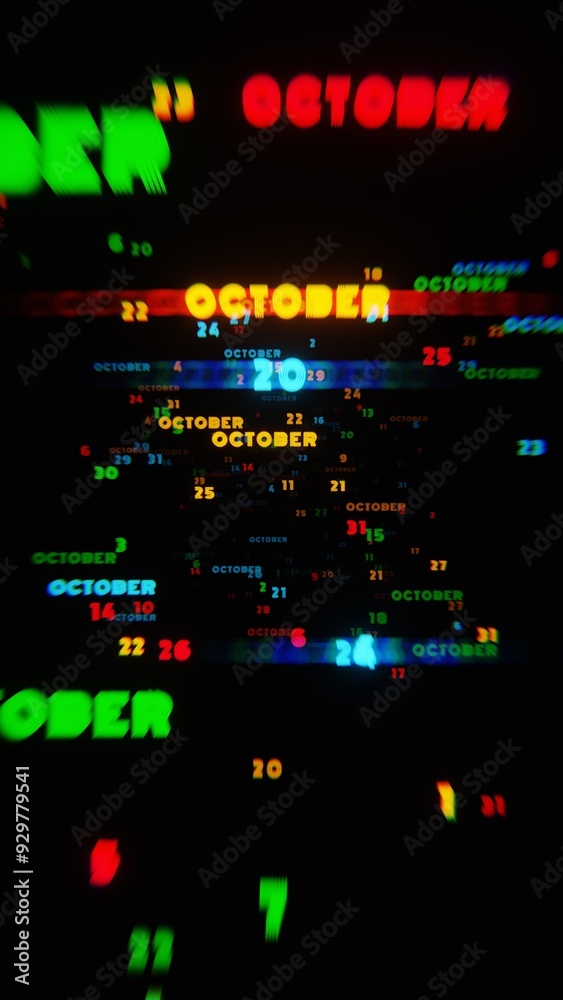 Poster abstract digital art with glowing text representing the month of october in striking neon colors on 