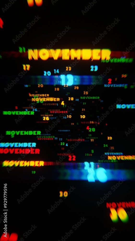 Aufkleber Abstract digital art with glowing text representing the month of November in vibrant neon colors on a dark background