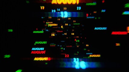 Fototapeta premium AUGUST Calendar Dates in Vibrant Neon Colors on Dark Background