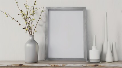 Fototapeta premium Empty White Frame with pink and white flowers Mock up