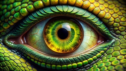 Obraz premium Vibrant green scaly eyelid partially closed, revealing a piercing yellow iris with a black vertical pupil, surrounded by intricate patterns and textures.