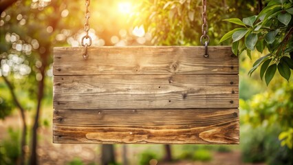 Fototapeta premium Rustic wooden sign with a vintage distressed texture and a blank space for customization, hanging from a tree branch against a blurred outdoor background.