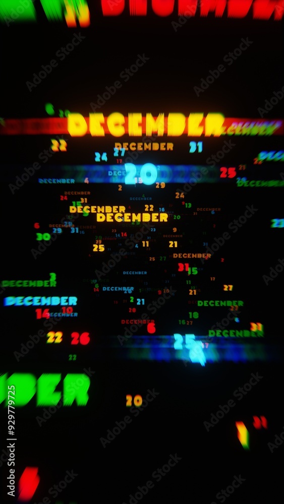 Poster Abstract digital art with glowing text representing the month of December in festive neon colors on a dark background