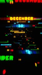 Abstract digital art with glowing text representing the month of December in festive neon colors on a dark background