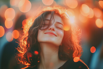 A  woman with closed eyes, embracing the moment with joy and tranquility, radiating peaceful energy.