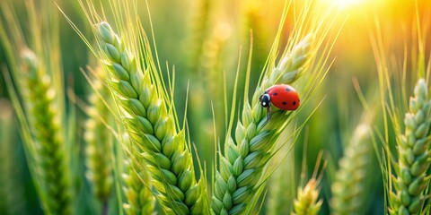 Obraz premium Vibrant ladybug perches on fresh green wheat ears swaying gently in a serene summer field, surrounded by soft focus blades and warm natural light.