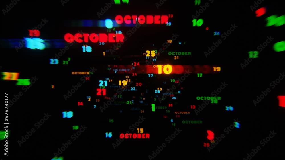 Poster Abstract digital art with glowing text representing the month of October in striking neon colors on a dark background
