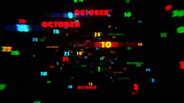 Abstract digital art with glowing text representing the month of October in striking neon colors on a dark background