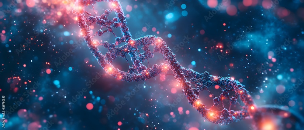Poster detailed visualization of genetic research exploring the intricate structures and dynamic interactio